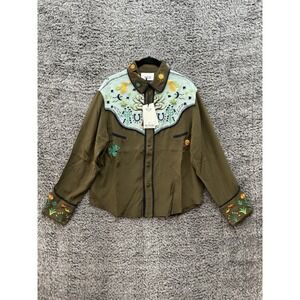 Monoki Darby Khaki Silk Shirt Long‎ Sleeve Embroidered One Size NWT $950